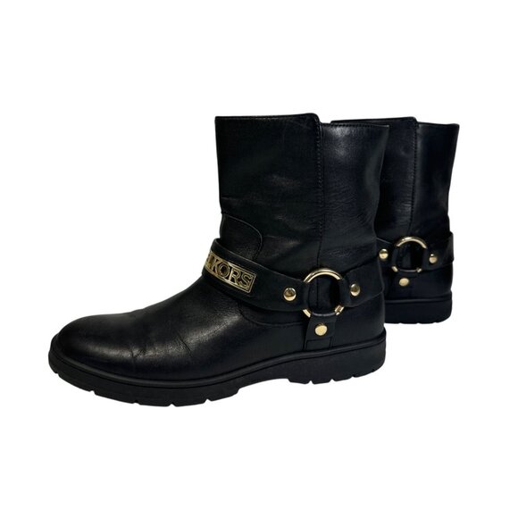 MICHAEL KORS ESSEX ICONIC BLACK GOLD LOGO MOTO BIKER BOOTS Size 7M - Picture 3 of 12